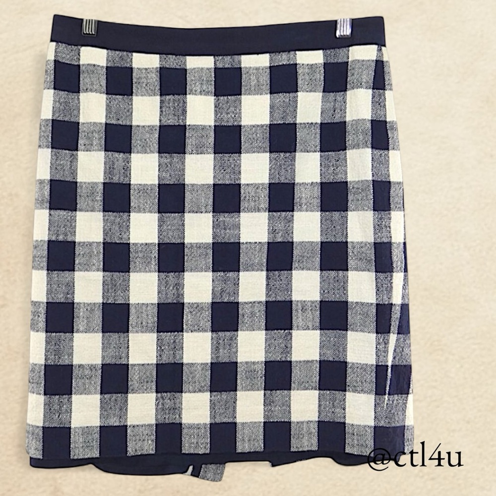 J.Crew Pencil Skirt Check Navy White Linen Blend Coastal Preppy Officecore Sz 8